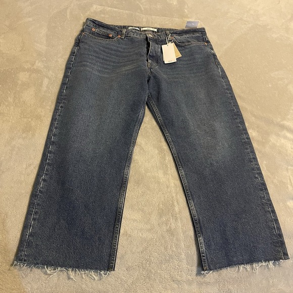 Mango Denim - MNG Mango Havana Jeans Women 46 Blue Straight High Waist Cropped‎ Button Fly